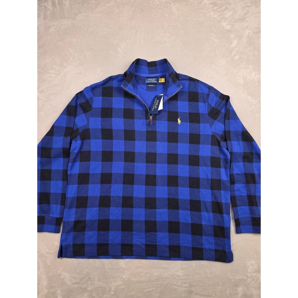 Polo Ralph Lauren Quarter Zip Sweater Men XL Blue Check Estate Rib Buffalo Plaid